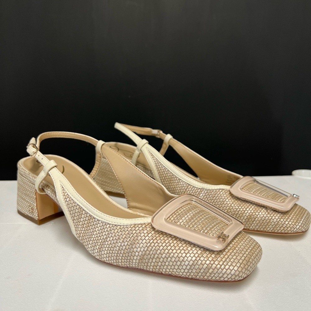 Sam Edelman Cream Heels with Chunky Heel and Square Buckle